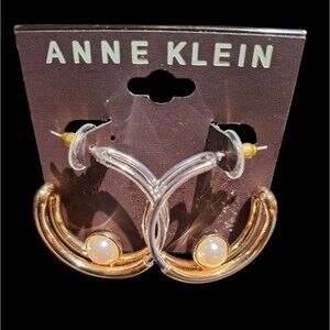 Anne Klein Elegant Gold and Silver Hoop Earrings with Flux Pearl